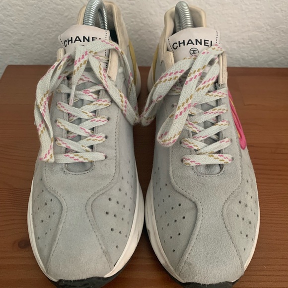 CHANEL Light Gray Sneakers with Pink and Yellow Details - Picture 1 of 10